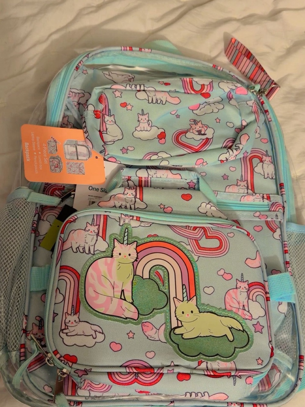 Kids Rainbow Cat Print Backpack - Mint